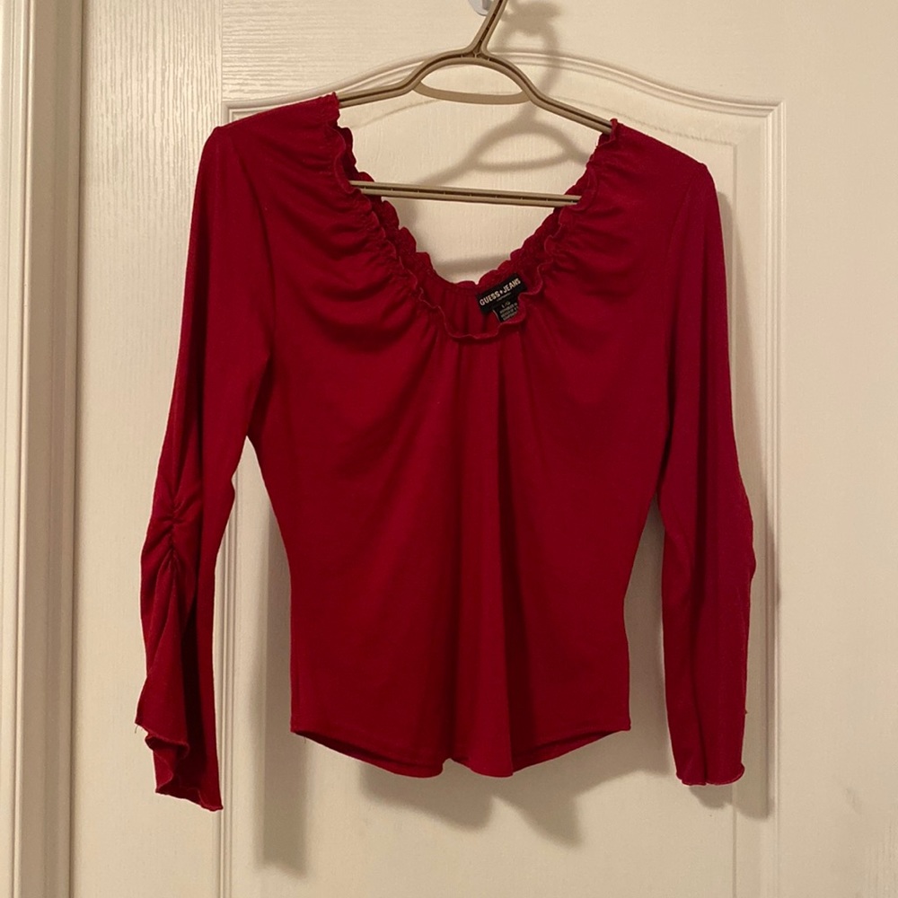 Guess maroon long sleeve top elastic scoop neck